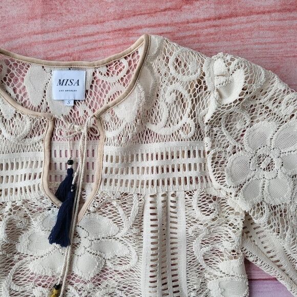Misa Cream Long Sleeve Split V-Neck Sheer‎ Crochet Lace Tassel Boho Blouse S - Picture 5 of 6